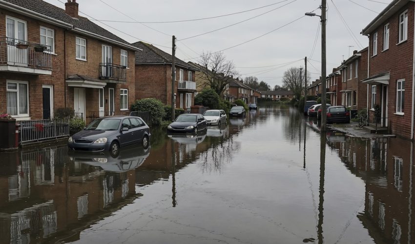 Flooded street impacting houses and basements